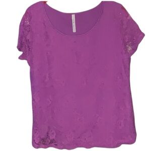 Leo & Nicole Purple Lace Top Lined Blouse L Short Sleeve Sheer Floral Overlay